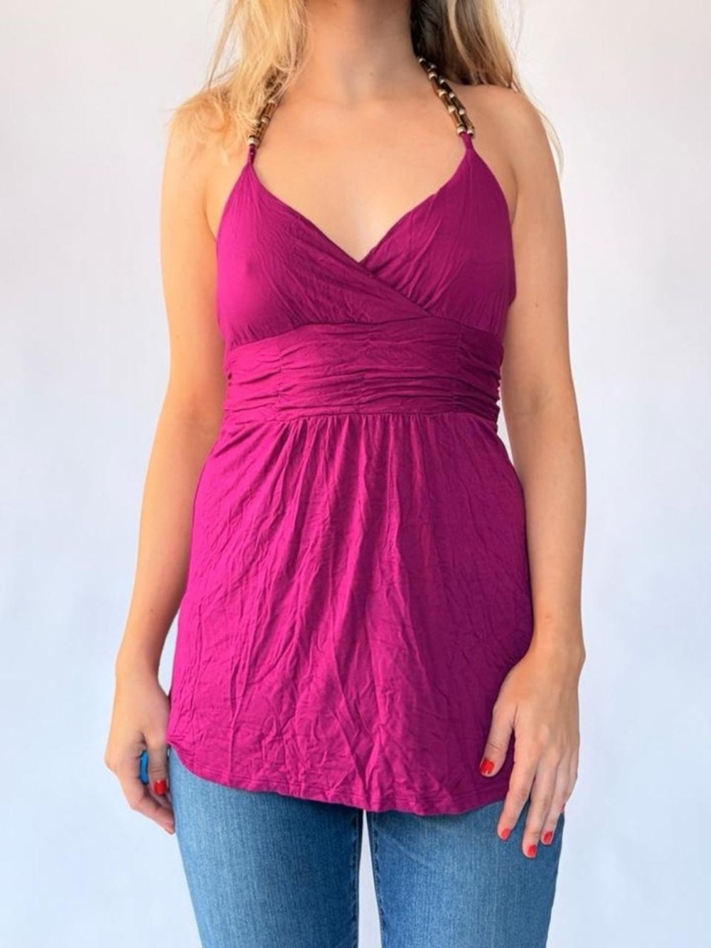 Halter Top Pink Fuchsia Beaded Tie Medium